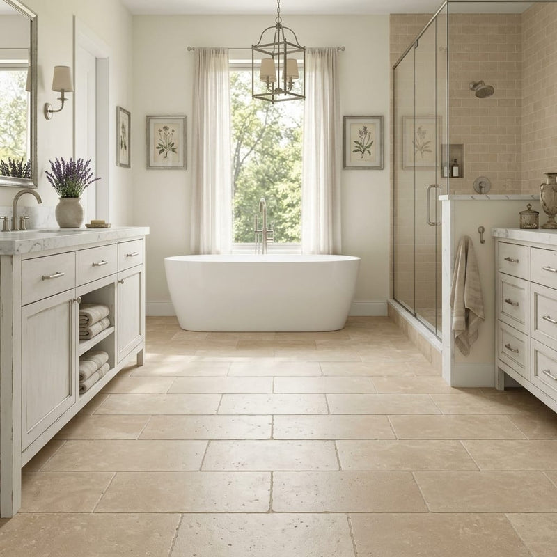 Corton Sable Limestone Tile 12x24 Tumbled 3/8 inch — Primary Bath floor