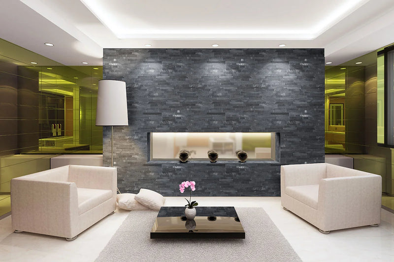 Cosmic Black 3D Wave 6x18 Corner Honed Marble Stacked Ledger Stone