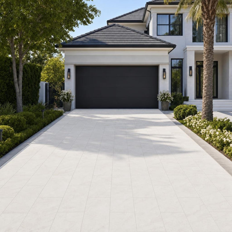Cosmic White 16x24 Sandblast Limestone Paver — Front Yard driveway