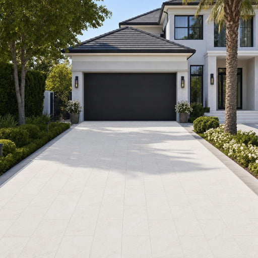 Cosmic White 16x24 Sandblast Limestone Paver — Front Yard driveway