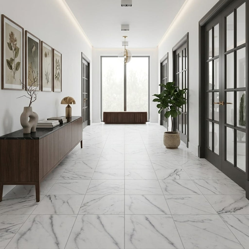 Cosmos White Marble Tile 18x18 Honed — Hallway floor