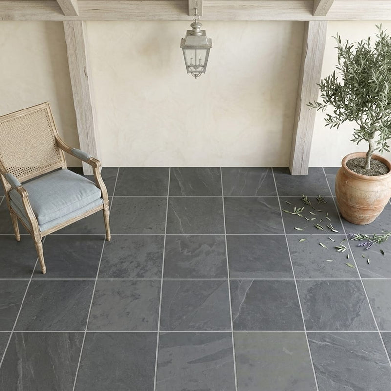 Country Grey 16x16 Brushed Limestone Tile — Covered Patio floor
