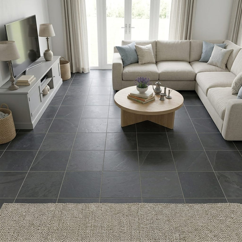 Country Grey 16x16 Brushed Limestone Tile — Family Room floor