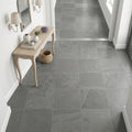 Country Grey 16x16 Brushed Limestone Tile — Hallway floor