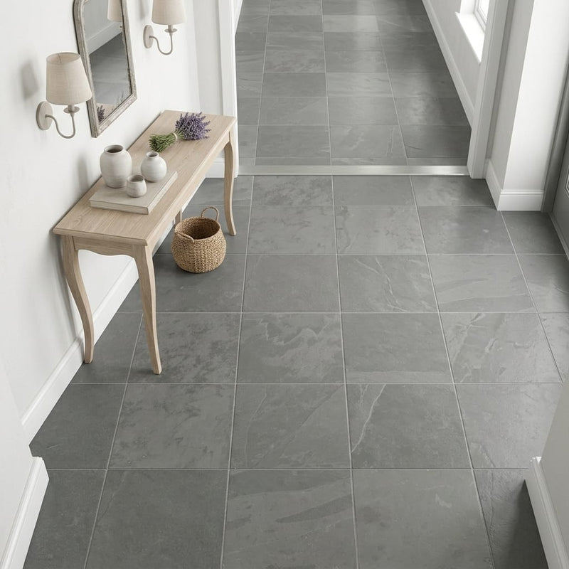 Country Grey 16x16 Brushed Limestone Tile — Hallway floor