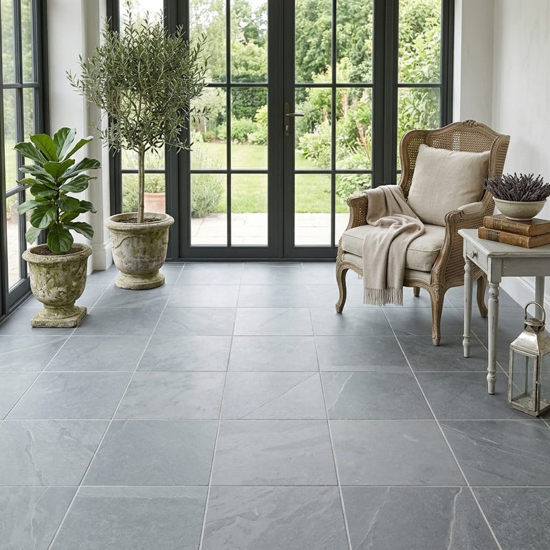 Country Grey 16x16 Brushed Limestone Tile — Sunroom floor