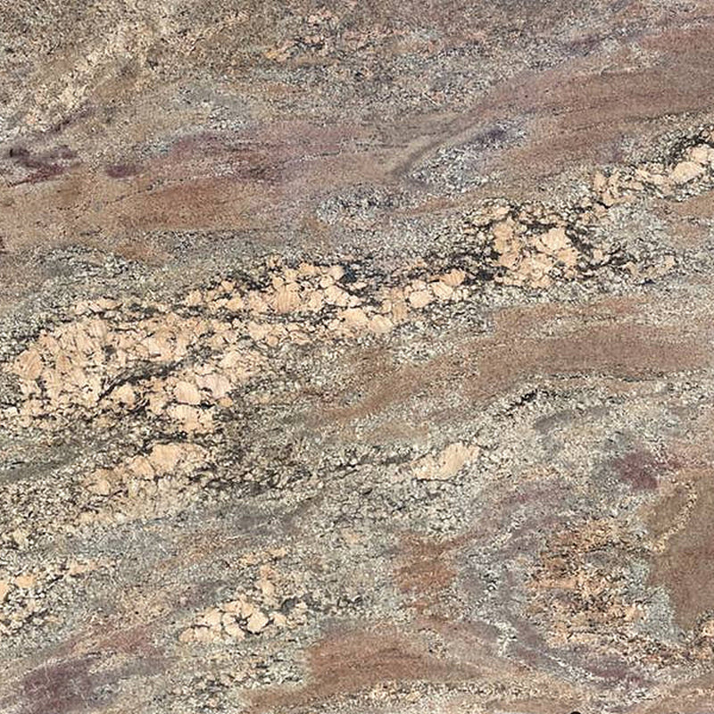 Crema Bordeaux granite with cream mineral clusters, burgundy-brown waves and gray speckling.