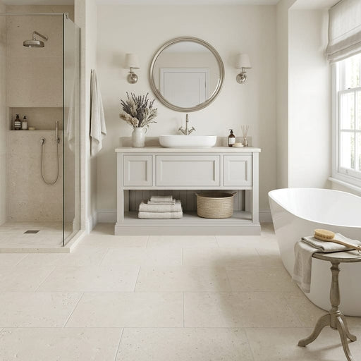 Crema Caliza Limestone Tile 18x36 Brushed — Bathroom floor