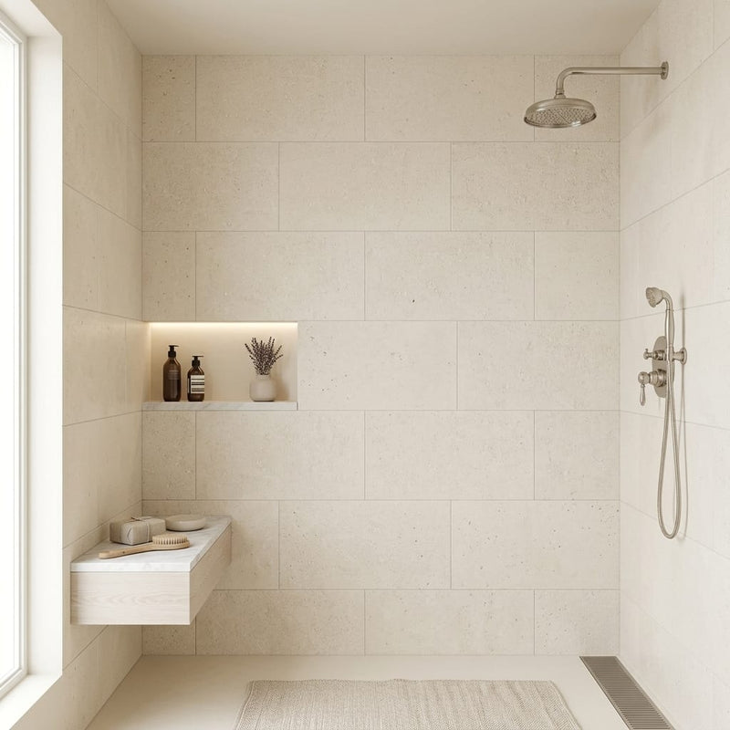 Crema Caliza Limestone Tile 18x36 Brushed — Bathroom shower wall