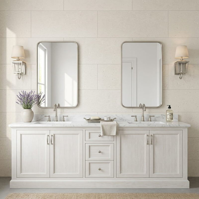 Crema Caliza Limestone Tile 18x36 Brushed — Bathroom vanity wall