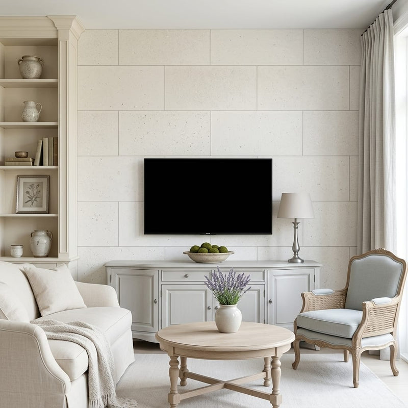 Crema Caliza Limestone Tile 18x36 Brushed — Living Room feature wall