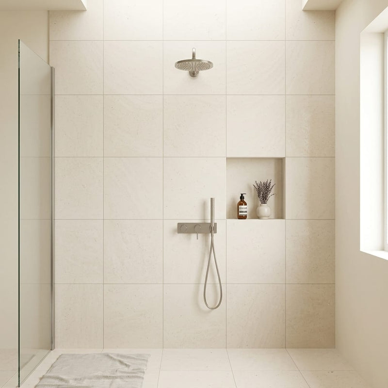 Crema Caliza Limestone Tile 24x24 Honed — Bathroom shower wall
