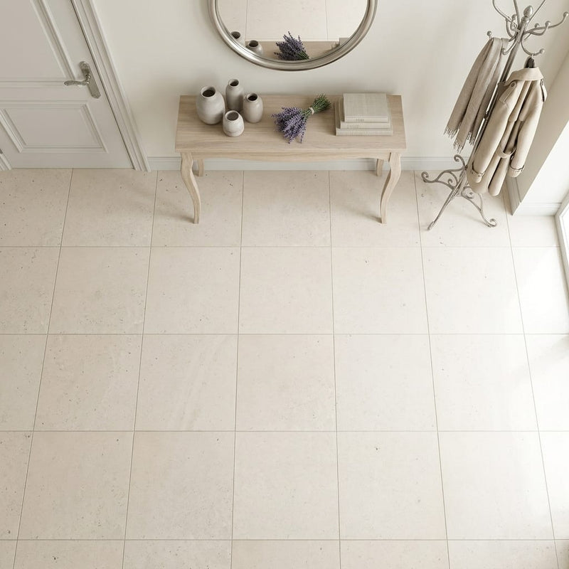 Crema Caliza Limestone Tile 24x24 Honed — Foyer floor