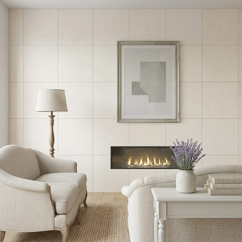 Crema Caliza Limestone Tile 24x24 Honed — Living Room feature wall