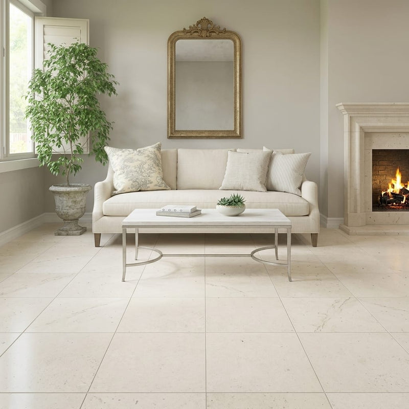 Crema Caliza Limestone Tile 24x24 Honed — Living Room floor