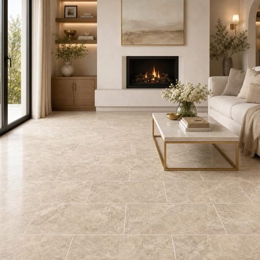Crema Cappuccino 12x24 Polished Marble Tile — Living Room floor