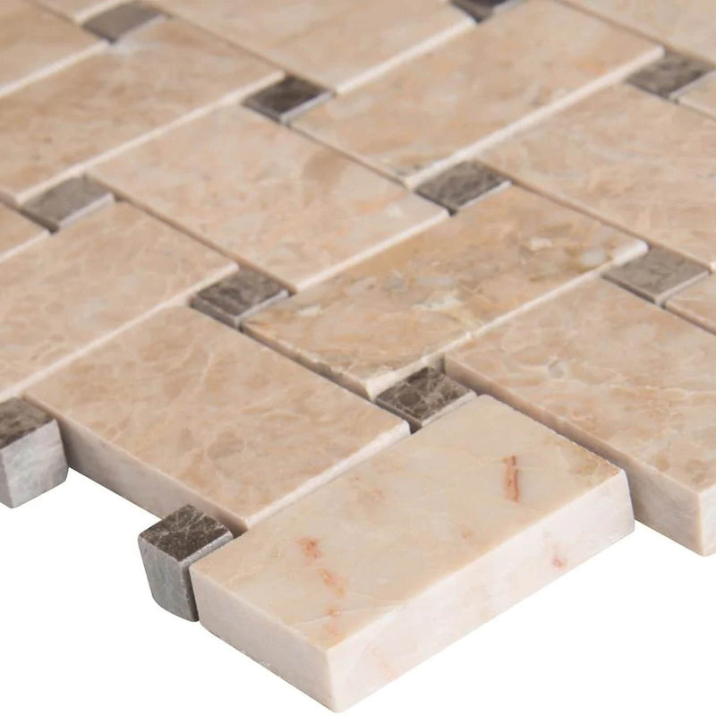 Crema Cappuccino basketweave pattern polished marble mosaic tile with beige and brown stone pieces.