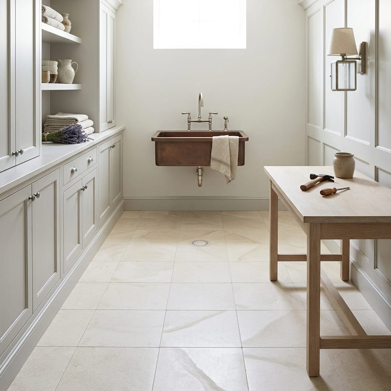 Crema Europa Limestone Tile 12x12 Honed 3/8 inch — Basement floor