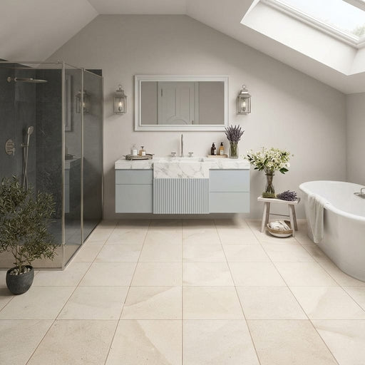 Crema Europa Limestone Tile 12x12 Honed 3/8 inch — Bathroom floor