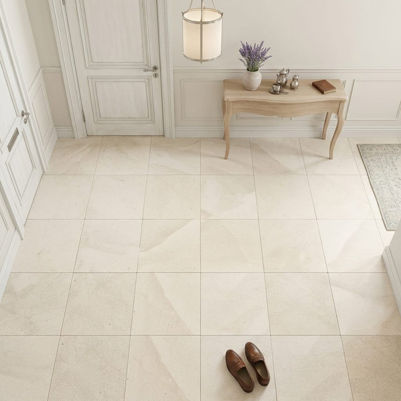 Crema Europa Limestone Tile 12x12 Honed 3/8 inch — Foyer floor
