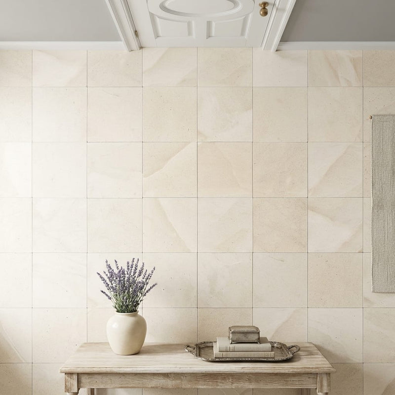 Crema Europa Limestone Tile 12x12 Honed 3/8 inch — Hallway floor
