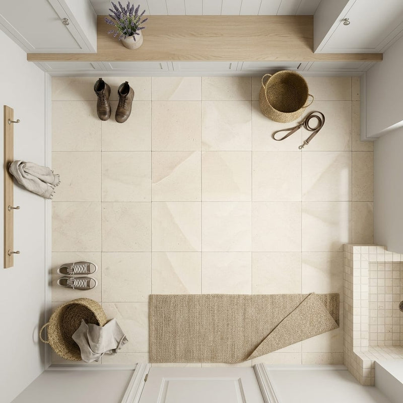 Crema Europa Limestone Tile 12x12 Honed 3/8 inch — Mudroom floor
