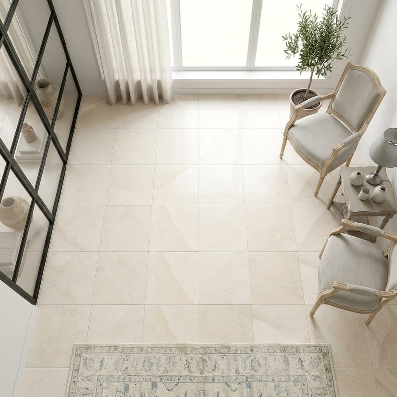 Crema Europa Limestone Tile 12x12 Honed 3/8 inch — Sunroom floor