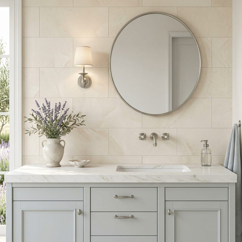 Crema Europa Limestone Tile 12x24 Honed 5/8 inch — Bathroom vanity wall