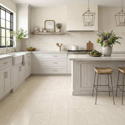 Crema Europa Limestone Tile 12x24 Honed 5/8 inch — Kitchen floor
