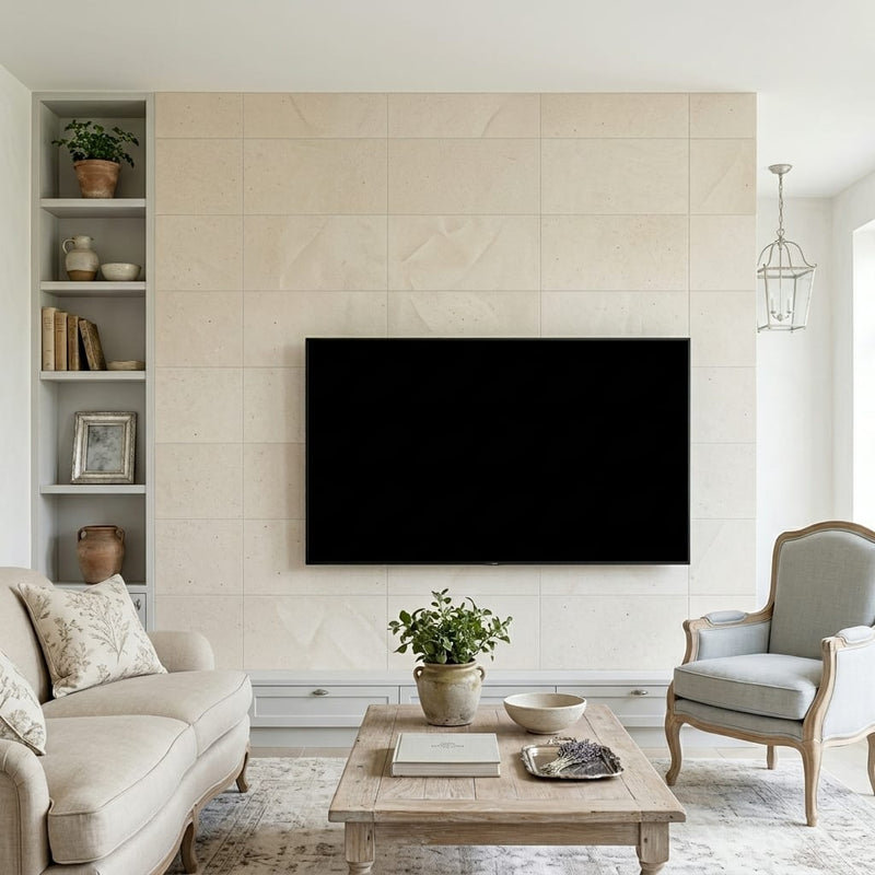 Crema Europa Limestone Tile 12x24 Honed 5/8 inch — Living Room feature wall