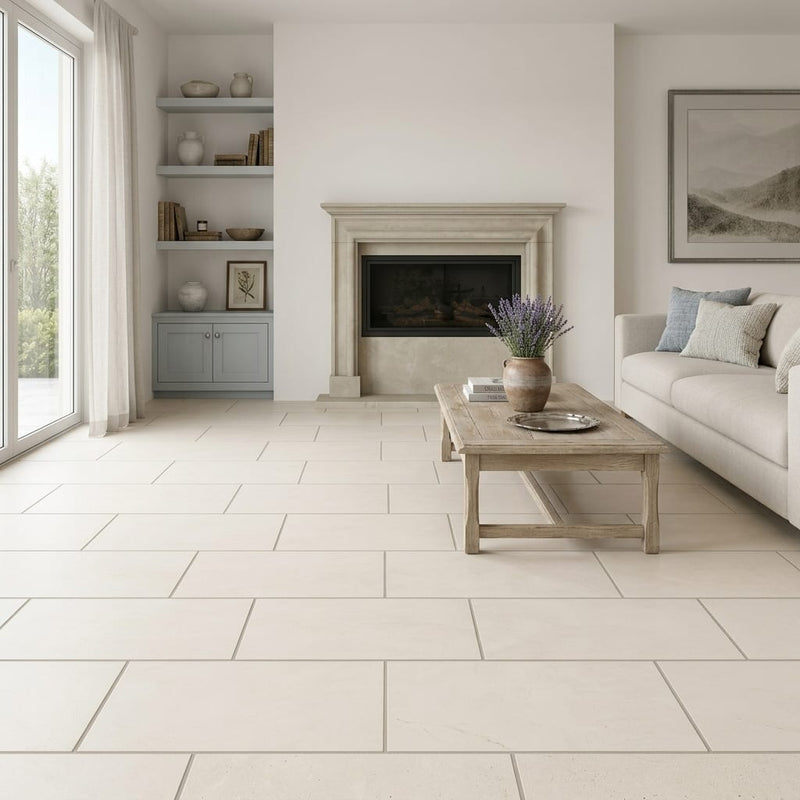 Crema Europa Limestone Tile 12x24 Honed 5/8 inch — Living Room floor