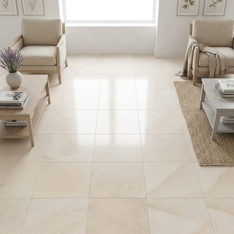 Crema Europa Limestone Tile 18x18 Honed 5/8 inch — Family Room floor