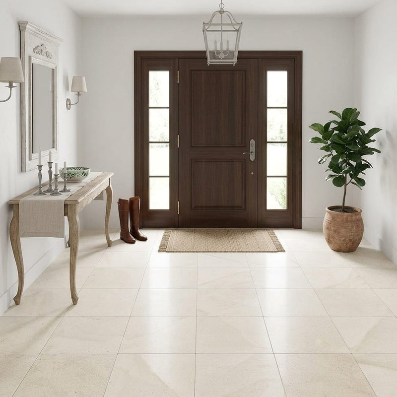 Crema Europa Limestone Tile 18x18 Honed 5/8 inch — Foyer floor