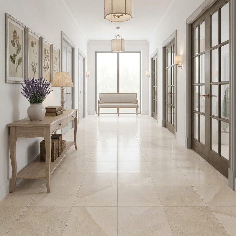 Crema Europa Limestone Tile 18x18 Honed 5/8 inch — Hallway floor