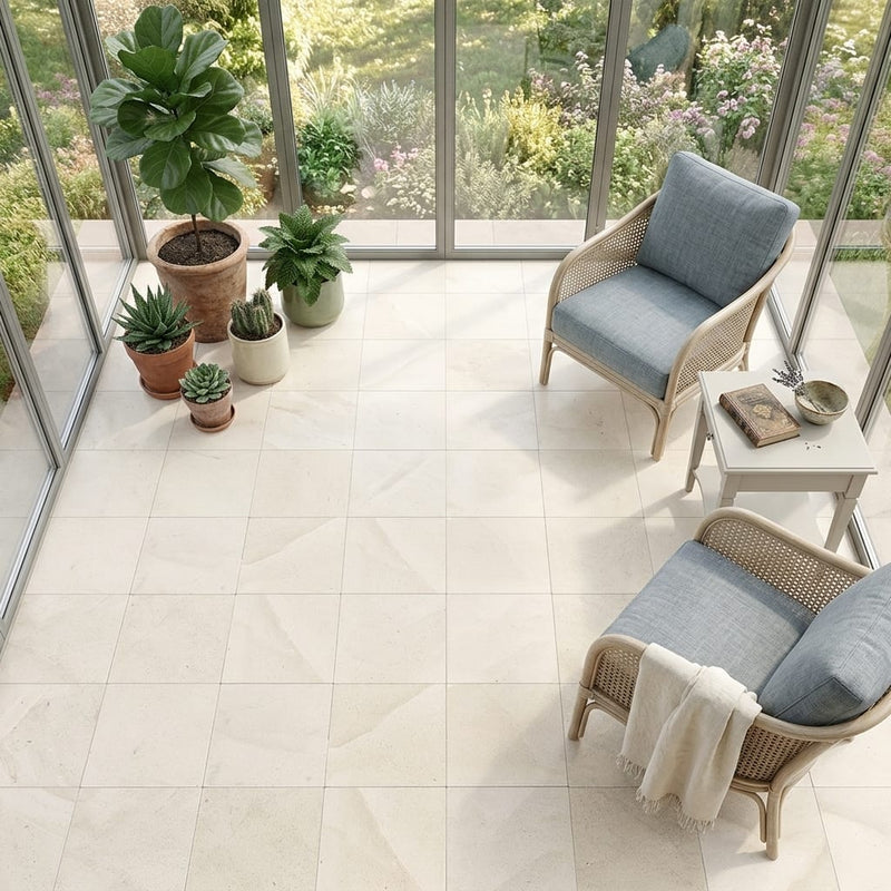 Crema Europa Limestone Tile 18x18 Honed 5/8 inch — Sunroom floor