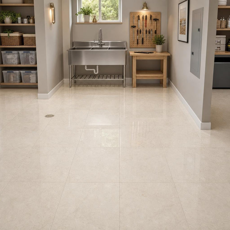 Crema Marfil 12x12 Classic Polished Marble Tile — Basement floor