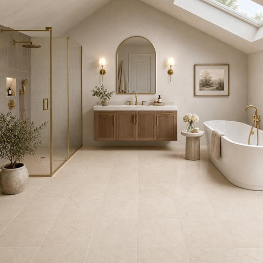 Crema Marfil 12x12 Honed Select Marble Tile — Bathroom floor