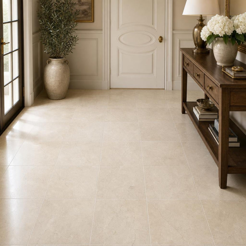 Crema Marfil 12x12 Honed Select Marble Tile — Hallway floor