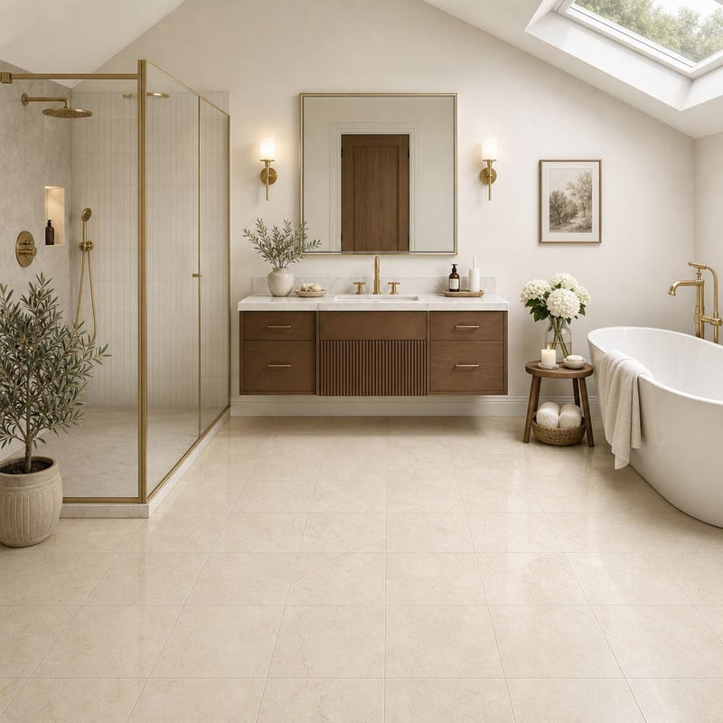 Crema Marfil 12x12 Polished Select Marble Tile — Bathroom floor