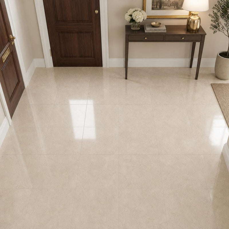 Crema Marfil 12x12 Polished Select Marble Tile — Foyer floor