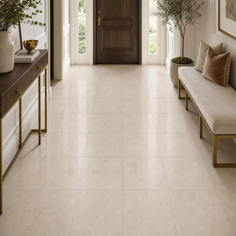 Crema Marfil 12x12 Polished Select Marble Tile — Hallway floor