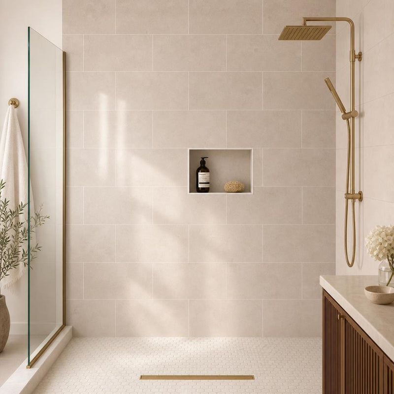 Crema Marfil 12x24 Honed Select Marble Tile — Bathroom shower wall