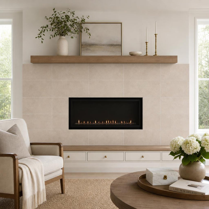 Crema Marfil 12x24 Honed Select Marble Tile — Living Room fireplace surround