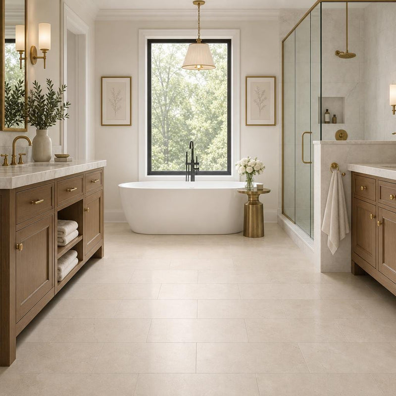 Crema Marfil 12x24 Honed Select Marble Tile — Primary Bath floor