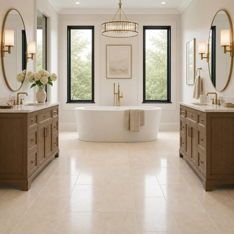 Crema Marfil 12x24 Polished Select Marble Tile — Bathroom floor