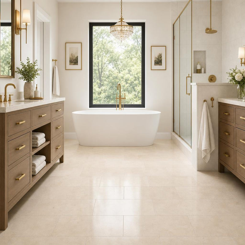 Crema Marfil 12x24 Polished Select Marble Tile — Primary Bath floor