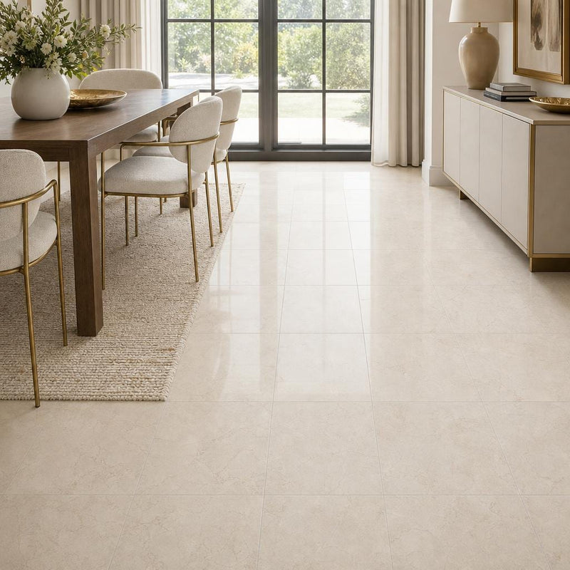 Crema Marfil 18x18 Polished Classic Marble Tile — Dining Room floor