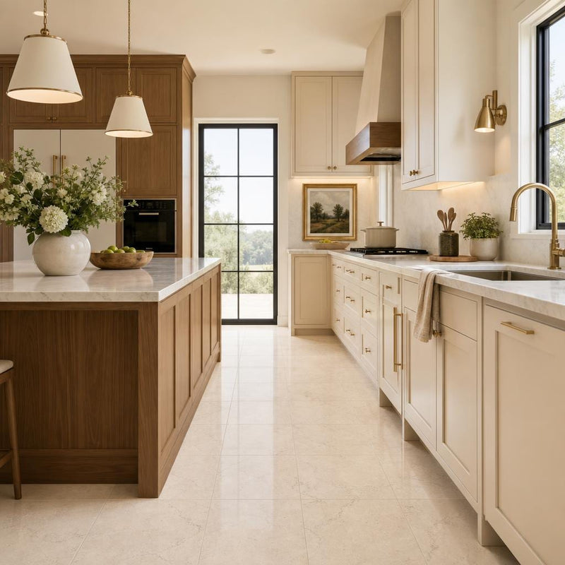 Crema Marfil 18x18 Polished Classic Marble Tile — Kitchen floor