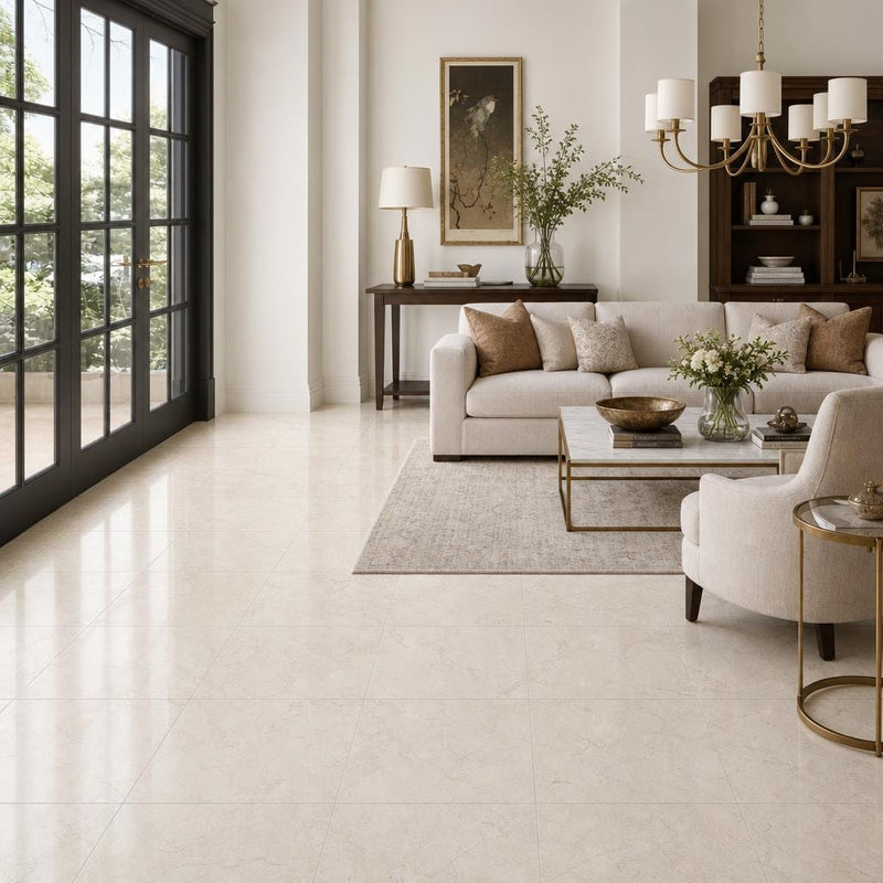 Crema Marfil 18x18 Polished Classic Marble Tile — Living Room floor