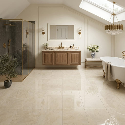 Crema Marfil Classic 12x12 Polished Marble Tile — Bathroom floor